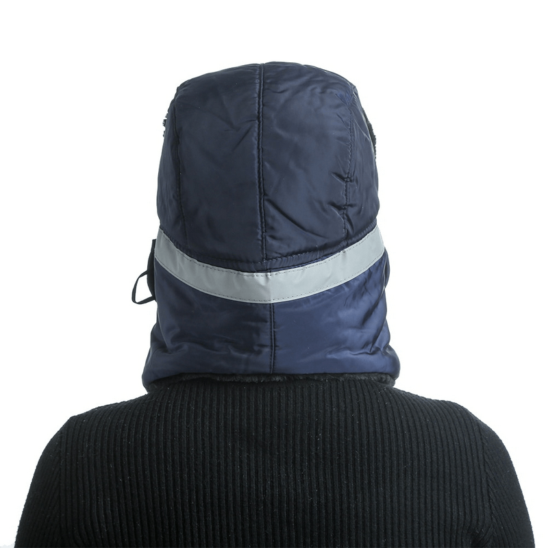 Back view of navy Winter Windproof Mountain Ski Cap with earflaps and closed neck, designed for unisex warmth and comfort.